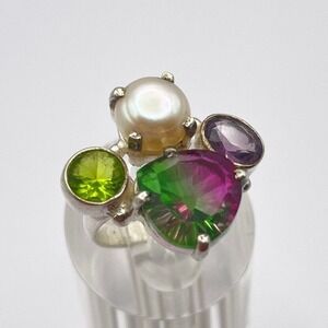 Multi Stone Pearl Statement Ring‎ Sparkling Cocktail Ring Size US 6.5